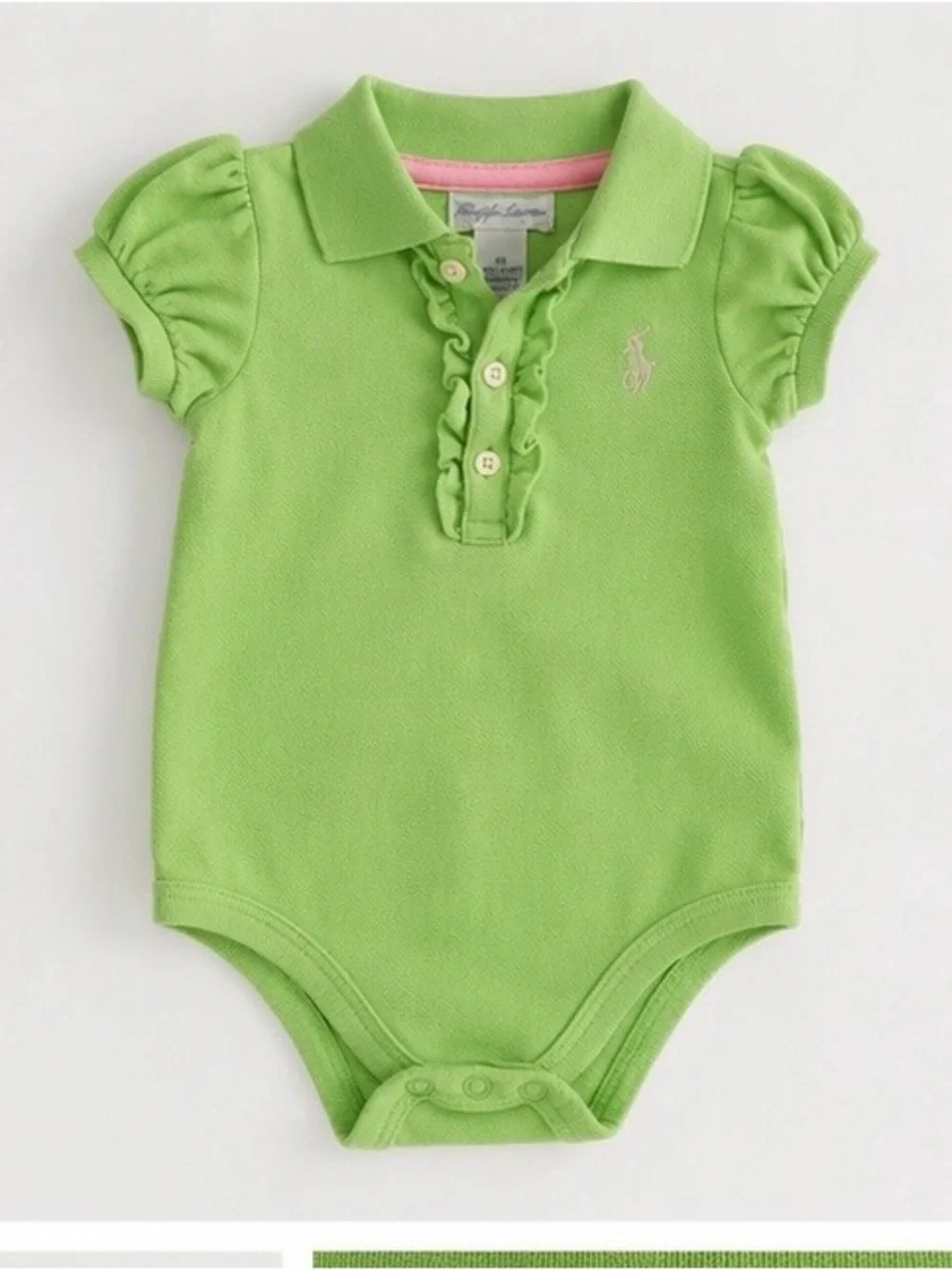 Ralph Lauren Girls Spring Green Ruffle Polo Bodysuit Pink Pony 🩷💚 9M MSRP $49